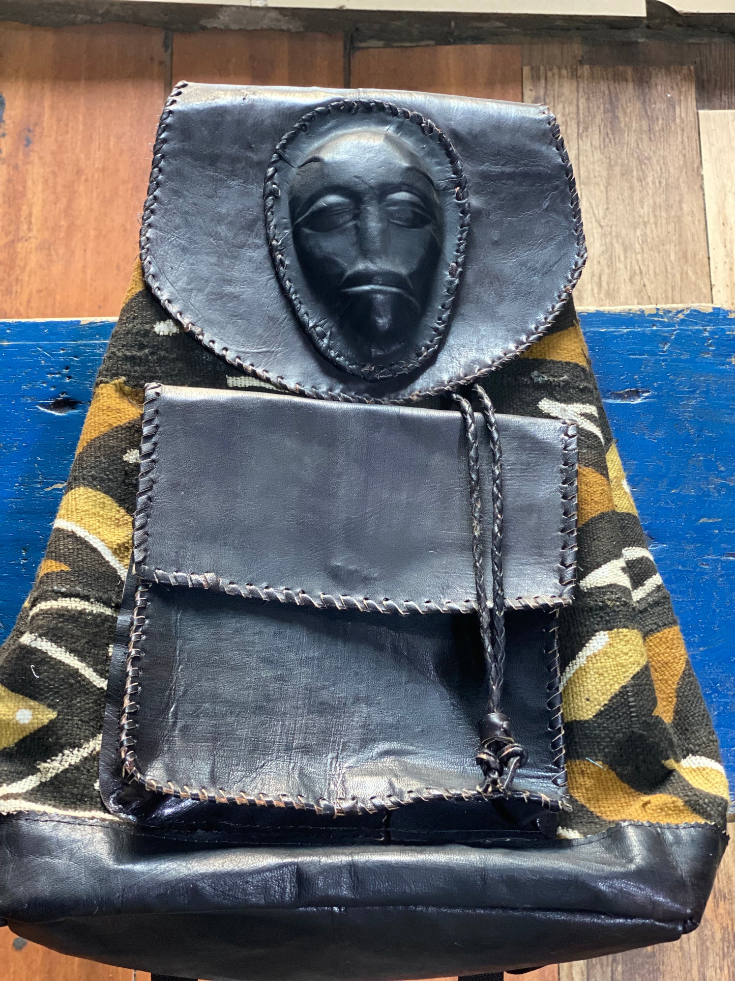 Mud Cloth & Leather Bag - Face - White/Black, Brown, Gold