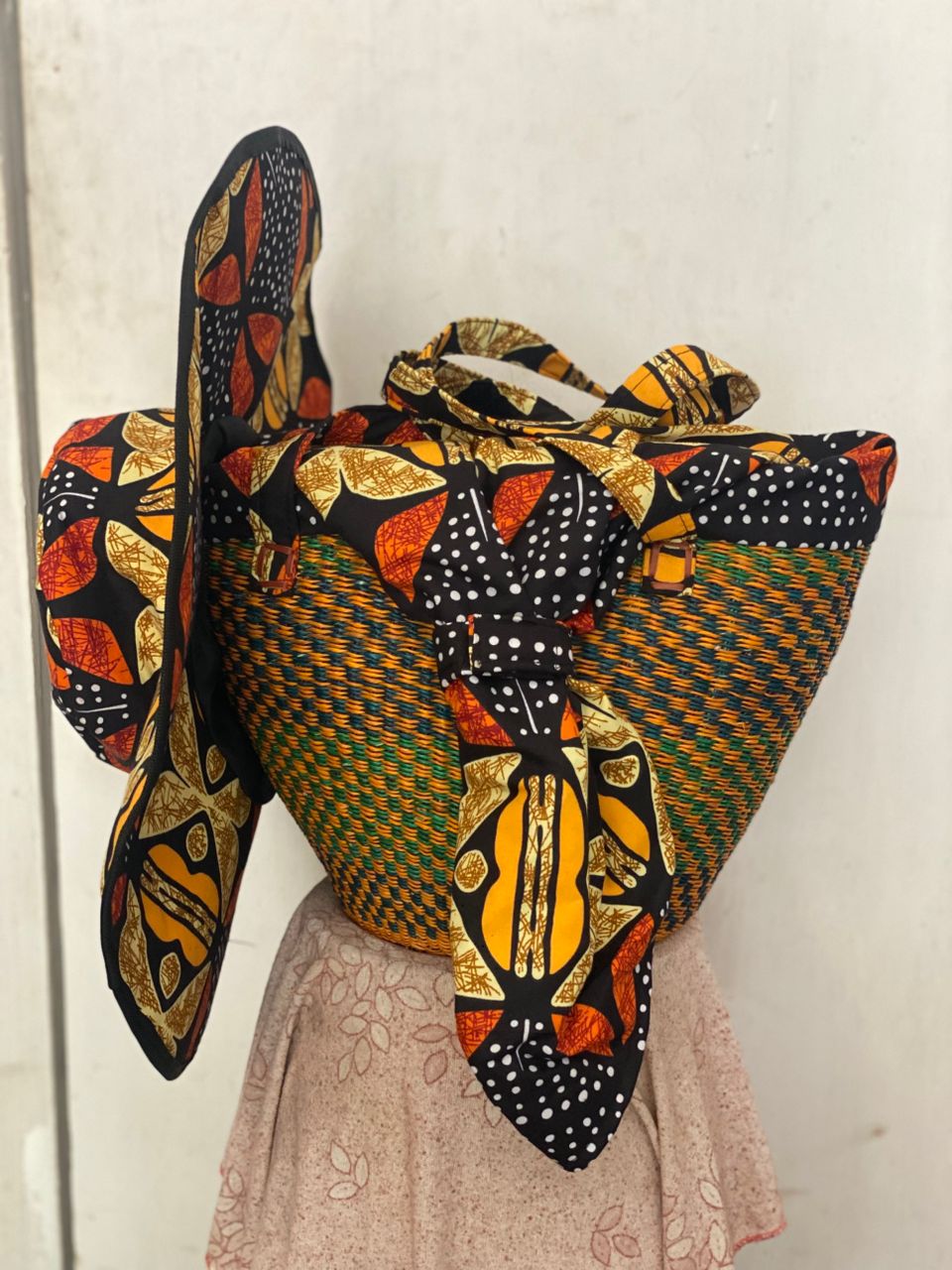 Fabric & Straw Weaved - Tote - with Hat