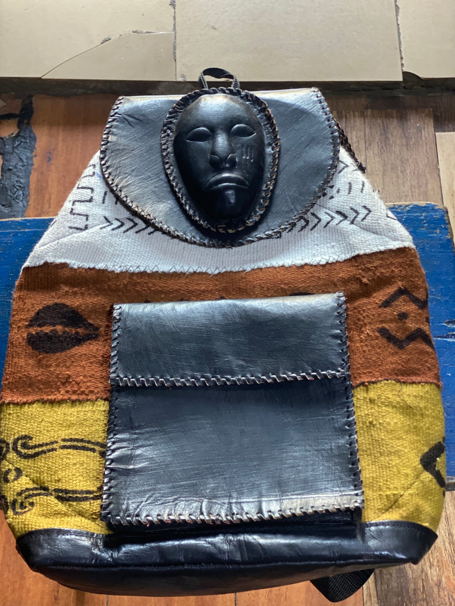 Mud Cloth & Leather Bag - Face - White/Black, Brown, Gold