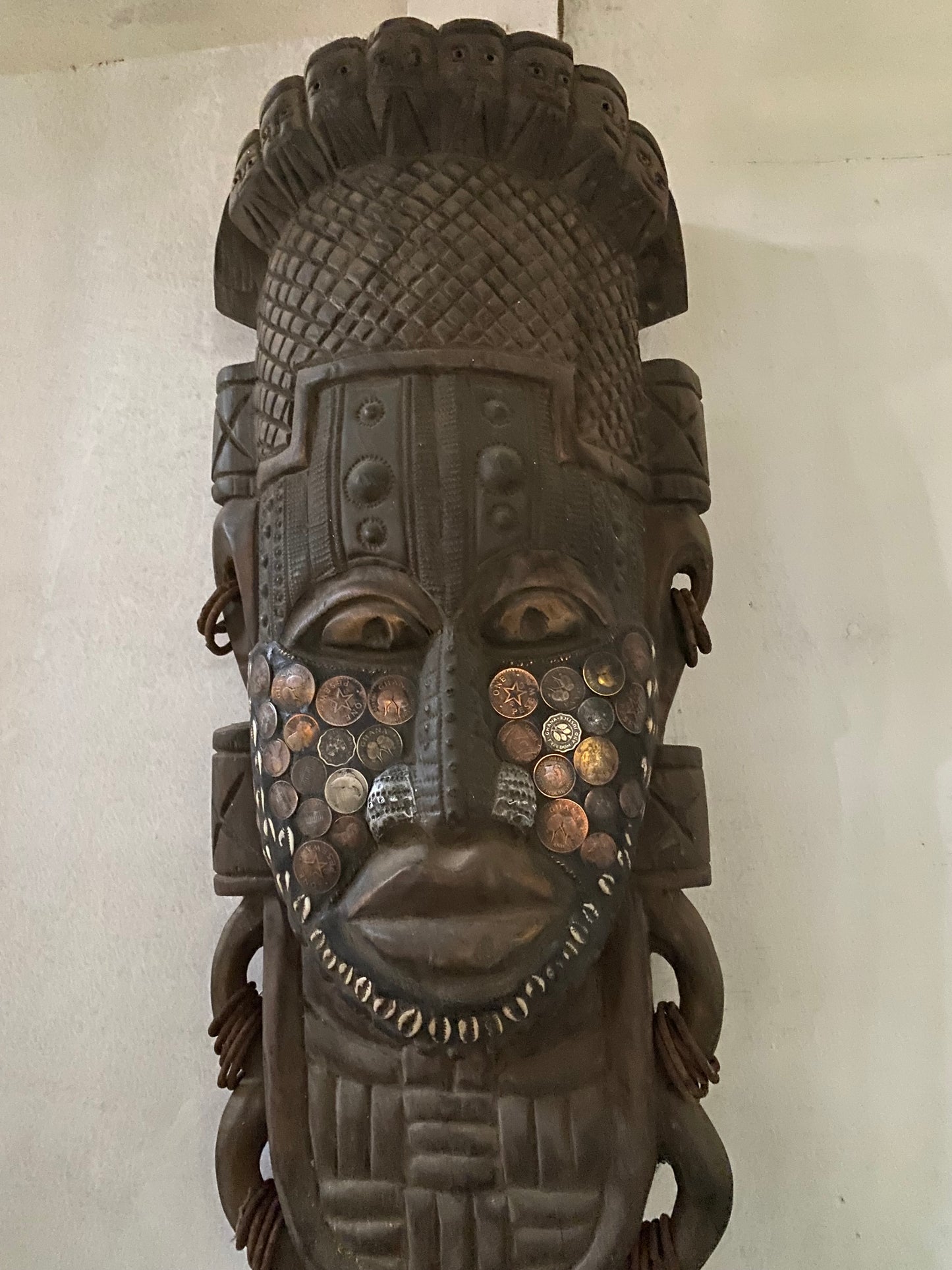 African Royal Ancestral Mask – Beaded & Cowrie-Adorned