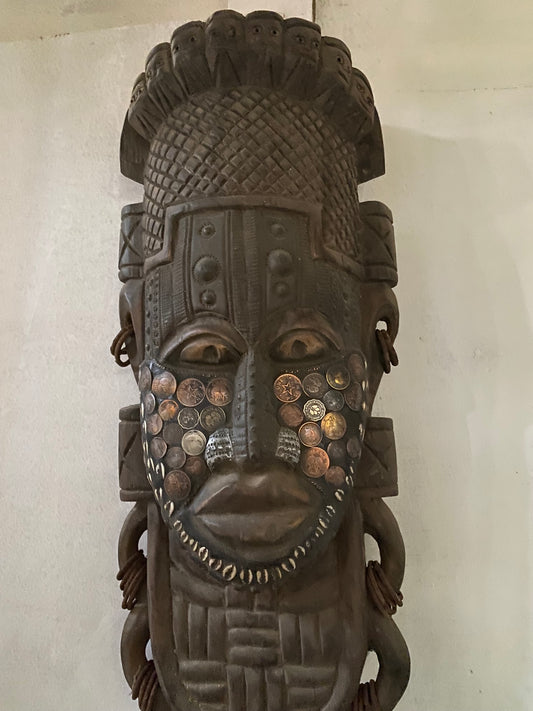 African Royal Ancestral Mask – Beaded & Cowrie-Adorned
