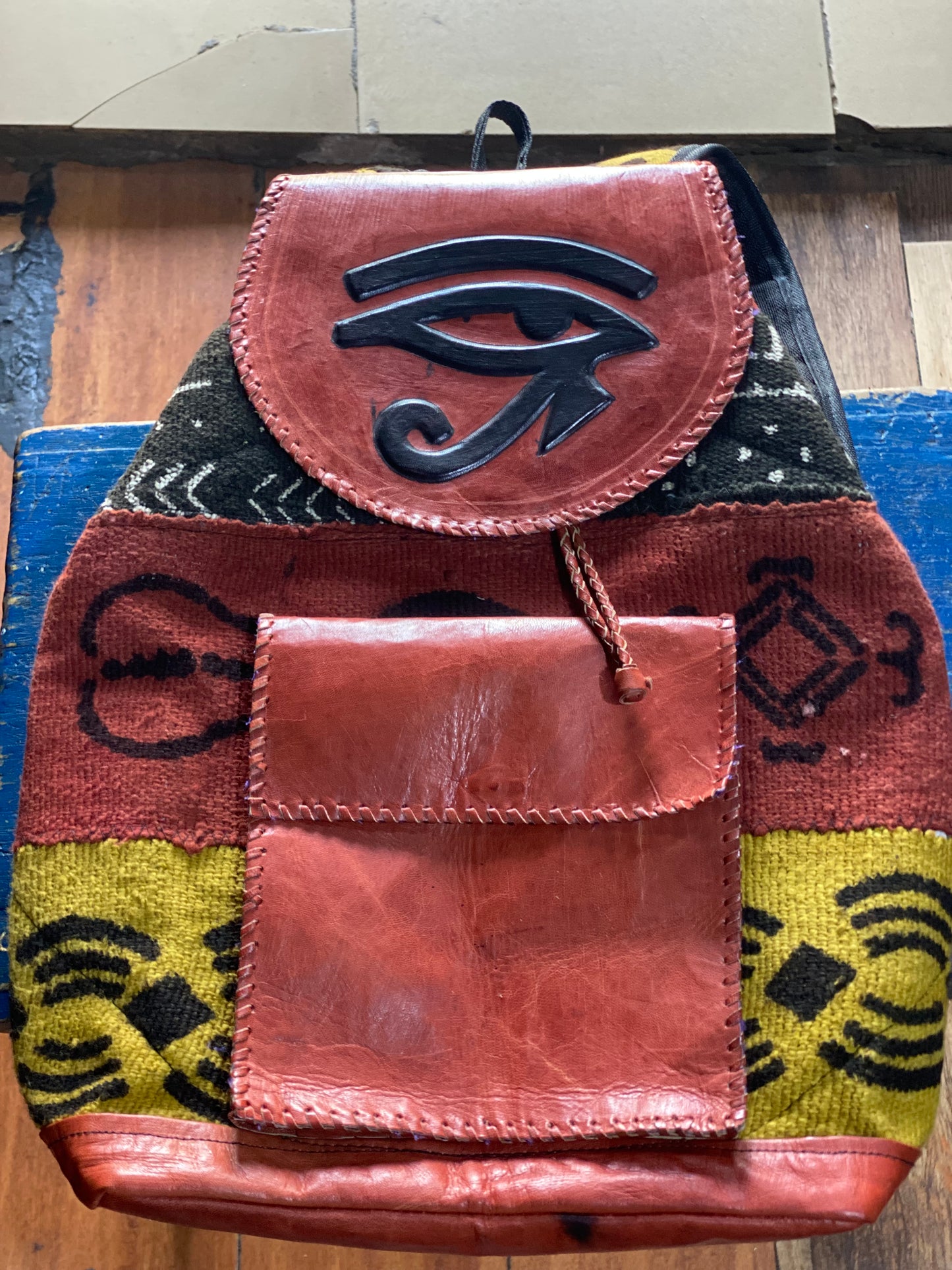 Mud Cloth & Leather Bag - Face - White/Black, Brown, Gold