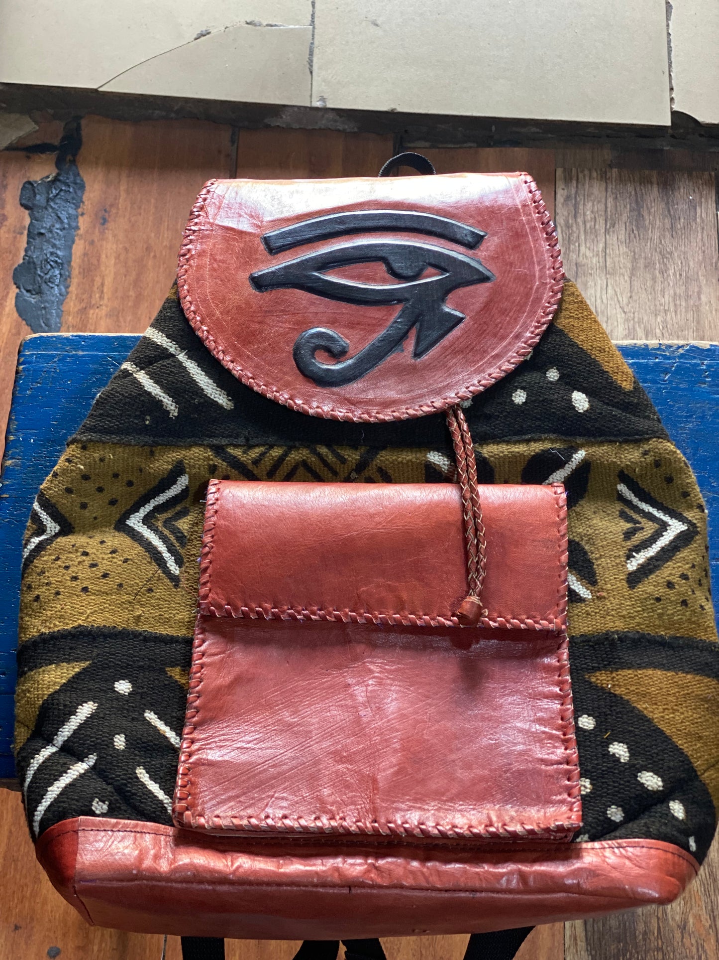 Mud Cloth & Leather Bag - Face - White/Black, Brown, Gold