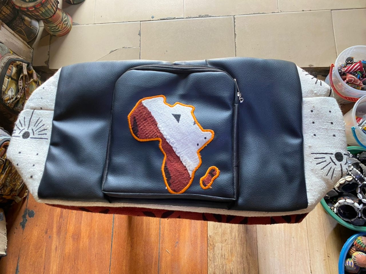 AFRICA : Leather & Mud Cloth Bag - Travel Size Duffel