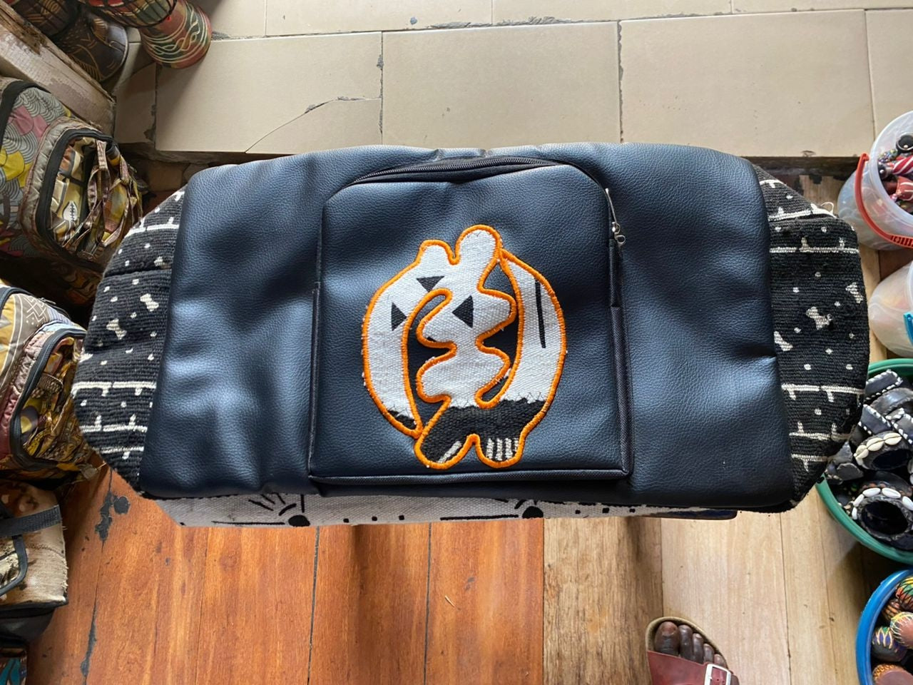 GYE NYAME : Leather & Mud Cloth Bag - Travel Size Duffel
