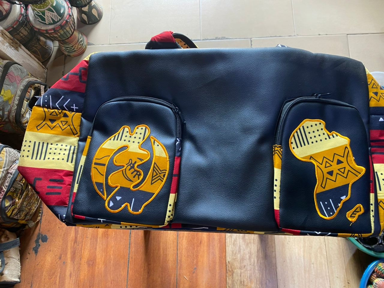 2 POCKETS: Leather & Mud Cloth Bag - Travel Size Duffel