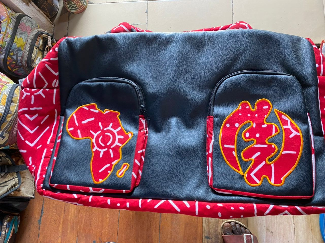 2 POCKETS: Leather & Mud Cloth Bag - Travel Size Duffel